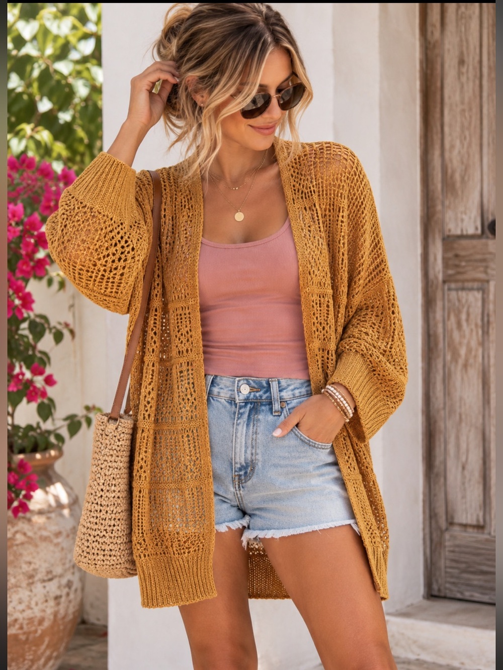 Open-Knit Mustard Yellow/brown Women’s Sweater Cardigan